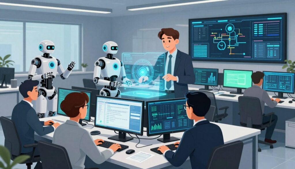 A modern office environment showcasing a collaborative human-in-the-loop workflow for enterprise security operations. In the foreground, a diverse group of three professionals in business attire engage around a high-tech workstation, analyzing data streams on multiple screens. In the middle ground, robotic agents and AI interfaces interact with the humans, represented through translucent holographic displays. The background features a sleek control room with large digital monitors showing security analytics and flowcharts. Soft, ambient lighting creates a focused atmosphere, with subtle blue and green hues highlighting the tech elements. The image should capture a sense of teamwork, innovation, and a secure environment, using a wide-angle lens to emphasize depth and collaboration.