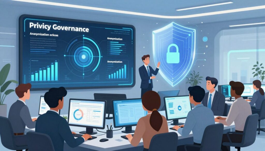 A modern office environment showcasing data governance and cybersecurity. In the foreground, a diverse group of professionals in business attire are collaborating over a futuristic digital interface displaying graphs, charts, and information flow representing privacy and data management. In the middle ground, a large screen highlights anonymization techniques, while a layered, transparent shield symbolizes protection of data. The background features a sleek, high-tech office setting with soft blue lighting that conveys an atmosphere of security and innovation. The scene captures a sense of collaboration and vigilance, emphasizing safe AI development practices. Use a wide-angle lens for a dynamic perspective, ensuring clarity and focus on the digital tools and collaborative effort.