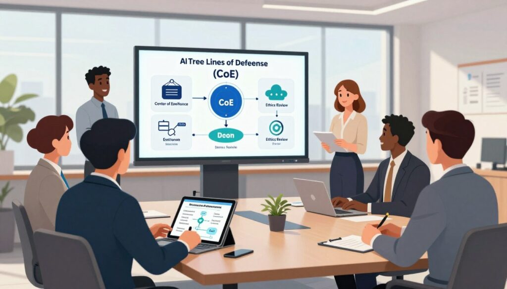 A modern office setting showing diverse business professionals in formal attire engaged in a strategic meeting about AI risk management. In the foreground, two people are discussing over a digital tablet displaying a flowchart of the AI Risk Management Operating Model. The middle area features a large screen with visual representations of the Three Lines of Defense, a Center of Excellence (CoE), and an Ethics Review process. In the background, large windows let in soft, natural light, creating a bright and optimistic atmosphere. The mood is focused and collaborative, emphasizing teamwork and ethical considerations in AI governance. Use a wide-angle lens to capture the full scope of the meeting space, accentuating the dynamic energy of the discussion.