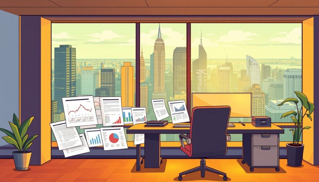 A modern office setting, with a desk, chair, and computer setup in the foreground. In the middle ground, various documents, graphs, and analytics dashboards are displayed, conveying the idea of data-driven decision-making. The background features a large window overlooking a bustling city skyline, suggesting a high-rise corporate environment. The lighting is warm and inviting, with a subtle glow from the computer screen. The overall atmosphere is one of focus, productivity, and strategic planning, reflecting the theme of "Avoiding Common Pitfalls in Retention Modeling and Execution".