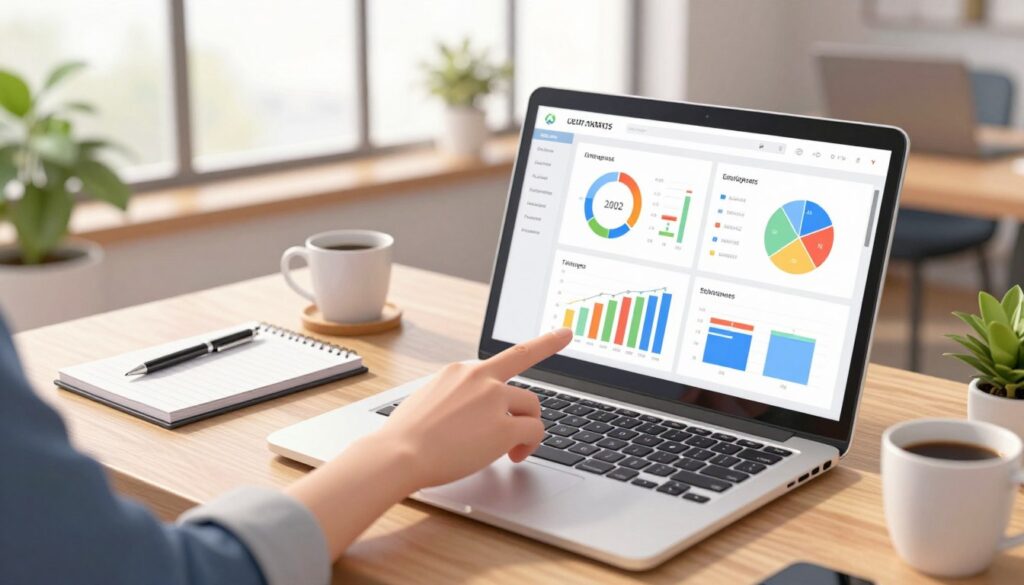 A modern office space featuring a sleek computer desk with an open laptop displaying a colorful keyword analytics dashboard. In the foreground, a hand is seen pointing at the screen, analyzing data trends. The middle layer includes a notepad and a pen, alongside a cup of coffee, suggesting a focused work environment. In the background, large windows allow soft, natural light to fill the room, creating a warm and inviting atmosphere. Subtle greenery from potted plants complements the setup, emphasizing a professional yet comfortable vibe. The scene is shot from a slightly elevated angle, capturing both the desk and the panoramic view outside, evoking a sense of productivity and inspiration.