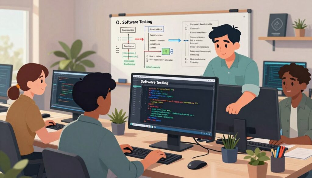 A modern office workspace focused on software testing, featuring a computer screen displaying code with testing frameworks and error reports. In the foreground, a diverse team of three professionals, dressed in business casual attire, are collaborating intently over the code on the screen. The middle ground showcases a large whiteboard filled with diagrams and notes on code organization and quality assurance practices. In the background, soft ambient lighting creates a productive atmosphere, with plants and technology-related decor adding a touch of innovation. The scene captures a sense of teamwork and meticulous attention to detail, emphasizing the importance of testing in the software development lifecycle. The angle is slightly elevated, providing a comprehensive view of the workspace dynamics.