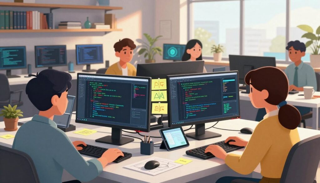 A modern, sleek office environment filled with advanced technology, focusing on a diverse team of professionals engaged in quality testing for vibe coding. In the foreground, two developers, one male and one female, are intently examining code on large monitors, with visual indicators of AI-assisted validation processes. In the middle, a collaborative workspace features sticky notes, diagrams, and a digital tablet displaying test results. The background showcases shelves lined with programming books and a large window with natural light pouring in, casting a warm glow. The atmosphere is dynamic and focused, emphasizing innovation and teamwork. Shot at a slight angle to add depth, with soft lighting highlighting the team's concentration and the technological elements around them. A modern, sleek office environment filled with advanced technology, focusing on a diverse team of professionals engaged in quality testing for vibe coding. In the foreground, two developers, one male and one female, are intently examining code on large monitors, with visual indicators of AI-assisted validation processes. In the middle, a collaborative workspace features sticky notes, diagrams, and a digital tablet displaying test results. The background showcases shelves lined with programming books and a large window with natural light pouring in, casting a warm glow. The atmosphere is dynamic and focused, emphasizing innovation and teamwork. Shot at a slight angle to add depth, with soft lighting highlighting the team's concentration and the technological elements around them.