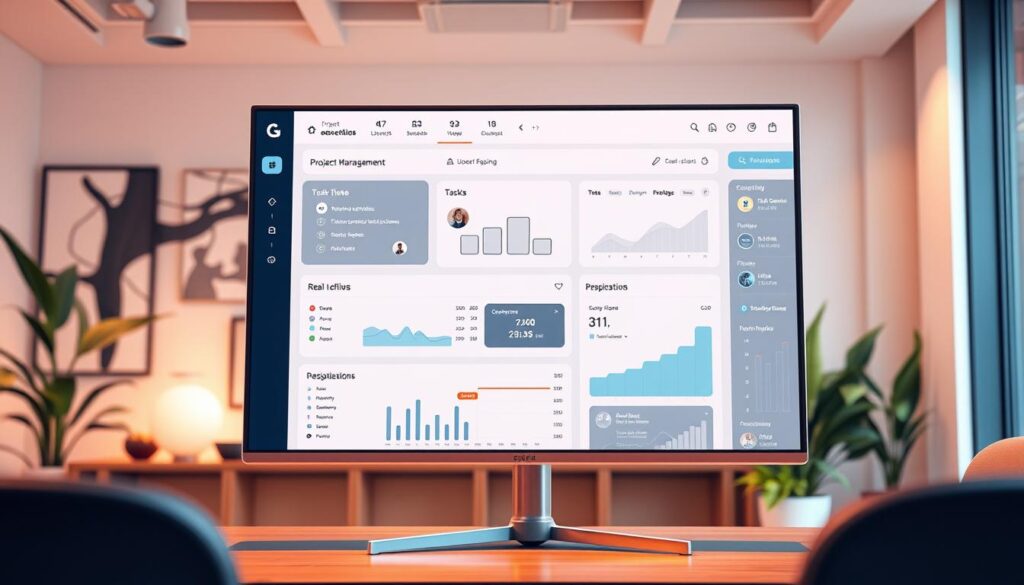 A modern, sleek project management dashboard displayed on a large, high-resolution monitor in a contemporary office setting. The dashboard showcases a clean, minimalist design with intuitive data visualizations, task management tools, and real-time project analytics. The scene is bathed in warm, diffused lighting, creating a productive and focused atmosphere. The camera angle is slightly elevated, providing a clear overview of the dashboard and its surrounding environment. The background features tasteful decor elements, such as potted plants and abstract artwork, complementing the professional and collaborative nature of the workspace.
