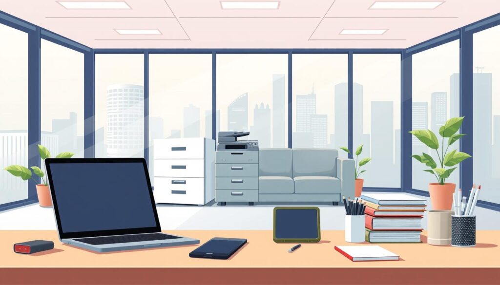 A modern, well-lit office setting with a desk in the foreground, featuring a laptop, tablet, and various office supplies. In the middle ground, a filing cabinet and printer stand alongside a couch and potted plant, suggesting a collaborative workspace. The background depicts floor-to-ceiling windows overlooking a cityscape, creating a sense of professionalism and efficiency. The lighting is soft and diffused, creating a pleasant, productive atmosphere. The overall scene conveys the concept of streamlined invoice processing within a secure, compliance-focused finance team environment.