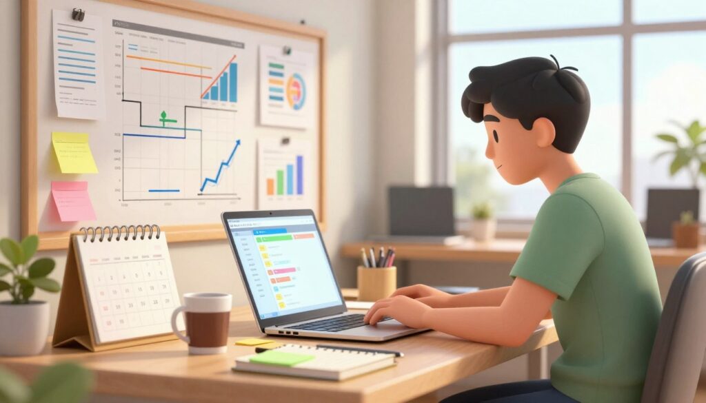 A modern workspace scene focusing on time planning for solo developers. In the foreground, a neatly organized desk featuring a laptop, notebooks, and colorful sticky notes, symbolizing scope and time-boxing. A coffee mug sits beside a calendar highlighting important deadlines and milestones. In the middle ground, a wall board filled with diagrams and charts, showcasing project timelines and financial runways. The background includes a large window with natural light streaming in, illuminating the room and creating a warm atmosphere. The mood is focused and productive, conveying professionalism. The setting includes a casually dressed solo developer, intently working on the laptop, reflecting engagement and dedication. The image should have a depth-of-field effect, emphasizing the workspace while softly blurring the background for a cinematic feel.