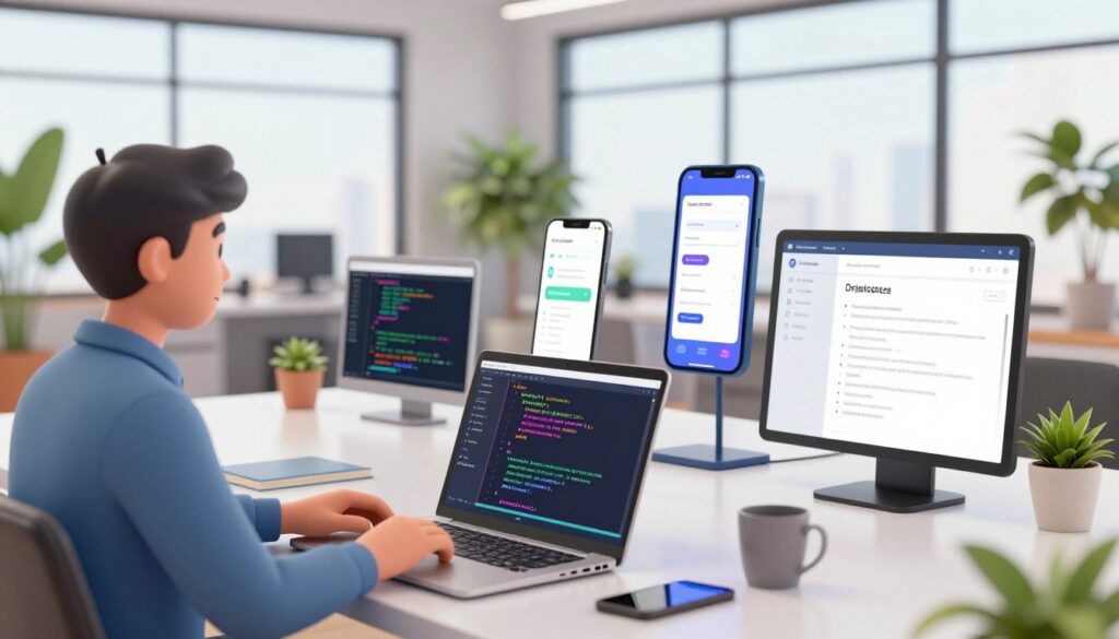A modern workspace showcasing product models for a coding business theme. In the foreground, a laptop is open, displaying vibrant code on the screen. To the left, a professional-looking person in smart casual attire, engaged in coding, with a focused expression. In the middle, sleek product prototypes like mobile apps and software interface designs, arranged on a stylish meeting table. The background features an office setting with large windows, allowing natural light to flood the space, creating a bright and inviting atmosphere. Potted plants enhance the ambiance, making it feel fresh and creative. The image captures a sense of innovation, professionalism, and opportunity, perfect for portraying the essence of a successful vibe coding business.