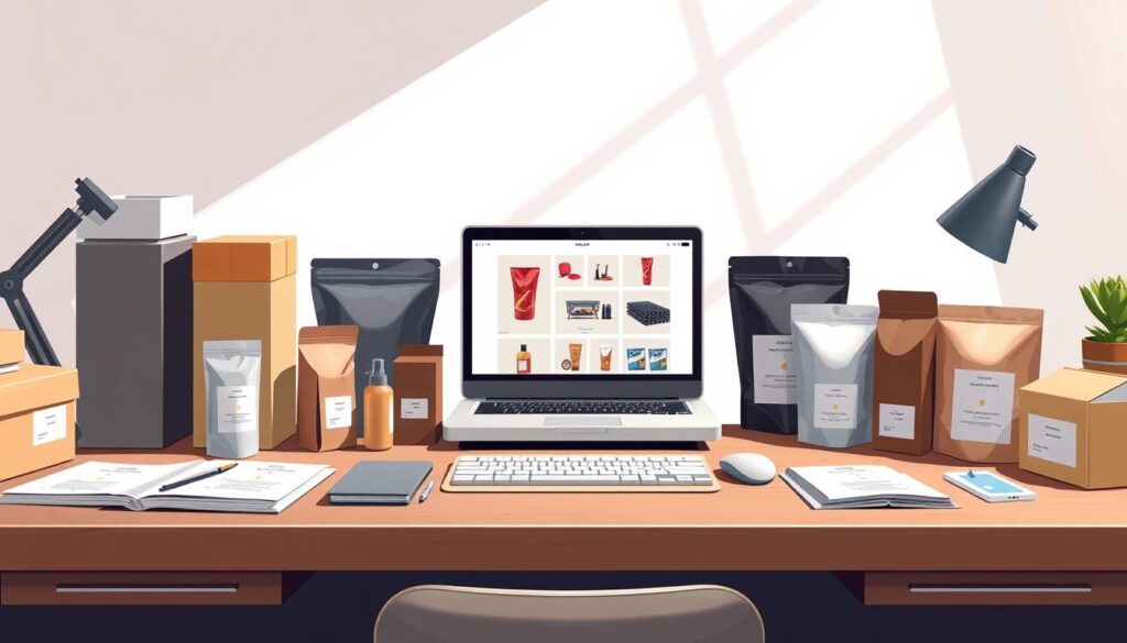A neatly organized desk showcasing various packaging elements. In the foreground, an assortment of high-quality boxes, pouches, and labels in a range of textures and colors. In the middle ground, a laptop displays digital mockups of potential packaging designs. The background features a clean, minimalist studio setting with soft, directional lighting that casts subtle shadows, highlighting the three-dimensional nature of the packaging. The overall mood is one of thoughtful, strategic planning, reflecting the care and attention to detail required for effective packaging.