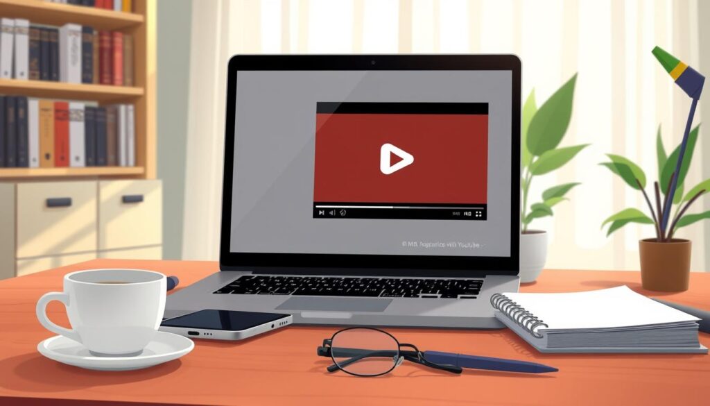 A neatly organized home office with a laptop, smartphone, and notepad on a wooden desk. The laptop's screen displays a video thumbnail and playback controls, suggesting the task of summarizing YouTube content. Soft, natural lighting filters through sheer curtains, creating a calming atmosphere. In the background, a bookshelf with references on AI and data analysis adds a professional touch. The foreground features a cup of coffee, a pair of glasses, and a pen, hinting at the thoughtful and focused process of analyzing and summarizing video content. A neatly organized home office with a laptop, smartphone, and notepad on a wooden desk. The laptop's screen displays a video thumbnail and playback controls, suggesting the task of summarizing YouTube content. Soft, natural lighting filters through sheer curtains, creating a calming atmosphere. In the background, a bookshelf with references on AI and data analysis adds a professional touch. The foreground features a cup of coffee, a pair of glasses, and a pen, hinting at the thoughtful and focused process of analyzing and summarizing video content.