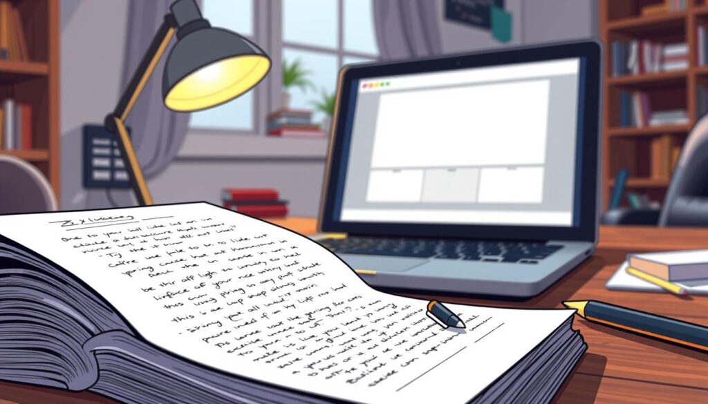 A neatly organized stack of handwritten lecture notes transitioning into a set of sleek digital slides on a laptop screen, the warm glow of a desk lamp illuminating the workspace. The foreground showcases the analog-to-digital workflow, with a pen hovering over the notes, ready to capture key ideas. The middle ground features the laptop display, displaying a clean, minimalist slide design. The background subtly suggests a cozy home office environment, with hints of bookshelves and a window providing natural light. The overall mood is one of focused productivity, blending the tactile experience of note-taking with the efficiency of digital presentations.