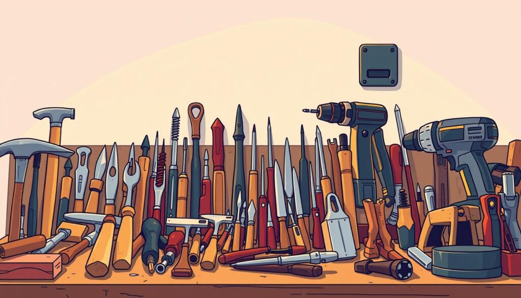 A neatly organized workbench filled with a diverse array of high-quality tools, including sturdy hammers, precision screwdrivers, sharp chisels, and a well-oiled power drill. The tools are illuminated by warm, directional lighting that casts dramatic shadows, highlighting their intricate details and functional elegance. In the background, a clean, minimalist workspace with neutral tones provides a serene and focused environment, encouraging creativity and problem-solving. The overall composition conveys a sense of professionalism, attention to detail, and a passion for craftsmanship, perfectly suited to illustrate the core tools and models needed for a vibe coding workshop.