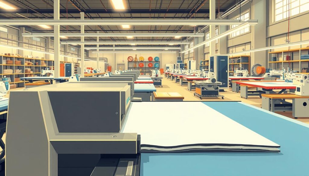 A precision cutting system in a well-lit, modern manufacturing facility. In the foreground, a state-of-the-art computer-controlled fabric cutter precisely slices through layers of fabric, leaving clean, straight edges. In the middle ground, robotic sewing machines smoothly stitch the cut pieces together, creating a seamless flow of production. The background features an organized array of cutting tables, material racks, and other specialized equipment, all bathed in the warm glow of energy-efficient lighting. The overall atmosphere conveys efficiency, automation, and a relentless focus on quality and optimization.