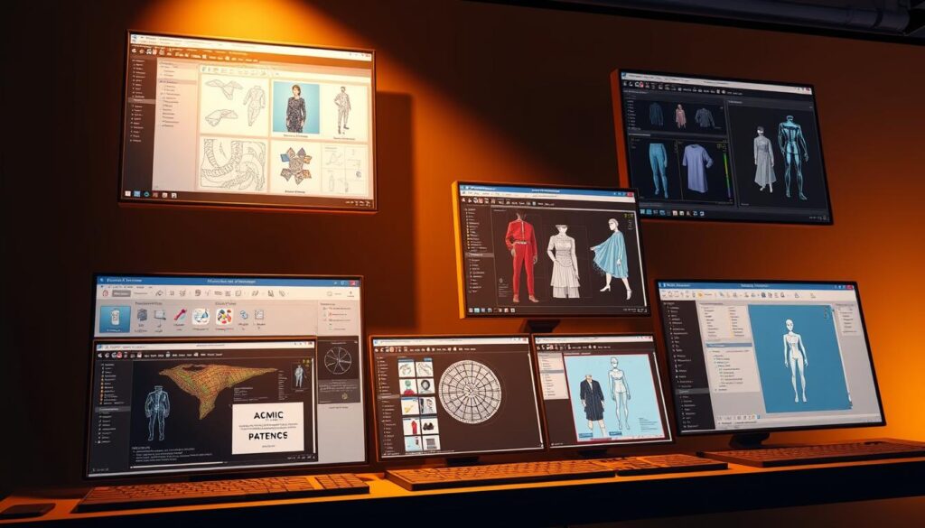 A professional, photo-realistic 3D rendering of six atomic integration CLO VStitcher software interfaces, neatly arranged in a grid layout. The interfaces showcase various design tools and capabilities, such as pattern creation, fabric simulation, and garment construction. The scene is bathed in warm, directional lighting, creating depth and highlights the intricate details of the user interfaces. The overall atmosphere is one of technical sophistication and design productivity, suitable for illustrating the "AI Use Case - 3D Garment-Design Automation in Leading 3D Platforms" section. A professional, photo-realistic 3D rendering of six atomic integration CLO VStitcher software interfaces, neatly arranged in a grid layout. The interfaces showcase various design tools and capabilities, such as pattern creation, fabric simulation, and garment construction. The scene is bathed in warm, directional lighting, creating depth and highlights the intricate details of the user interfaces. The overall atmosphere is one of technical sophistication and design productivity, suitable for illustrating the "AI Use Case - 3D Garment-Design Automation in Leading 3D Platforms" section.