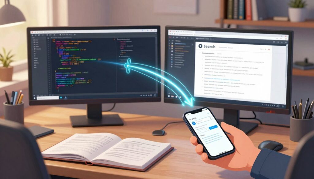 A professional setting focused on 'search', featuring a modern office desk cluttered with code documentation, open notebooks, and dual monitors displaying a code editor alongside a web browser with developer documentation. In the foreground, a hand reaches for a smartphone showing a search bar, symbolizing quick access to information. In the middle, an abstract representation of data flow with glowing lines connecting the screens, illustrating the concept of searching across documents and codebases. The background shows shelves lined with programming books and gadgets, softly lit for a warm yet productive atmosphere. The image captures a sense of urgency and focus, emphasizing a dynamic workspace conducive to high-performance coding.