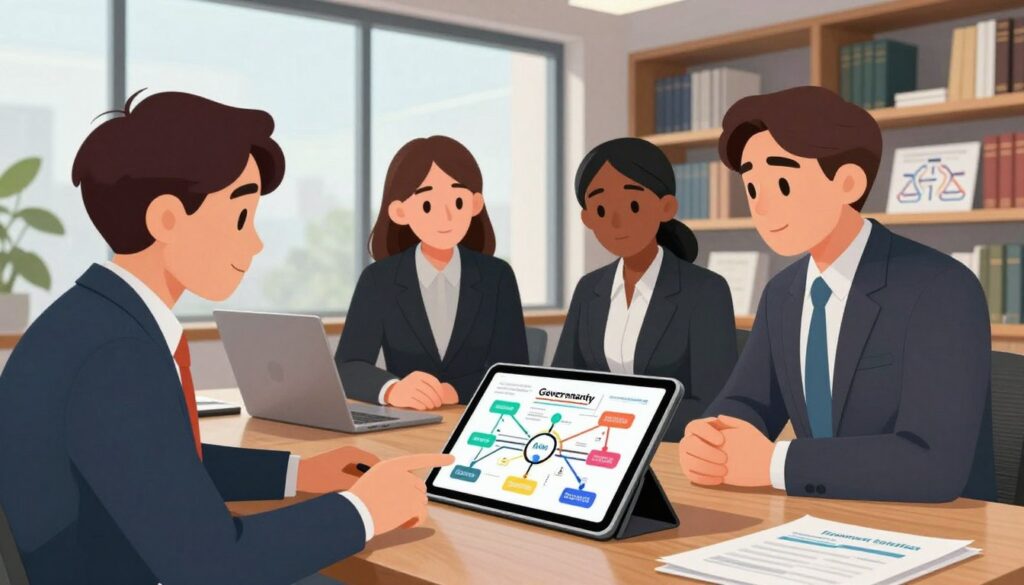 A professional workspace symbolizing governance accountability, featuring a diverse group of three business professionals—two men and one woman—all dressed in formal business attire, engaged in a strategy discussion around a digital tablet displaying flowcharts. In the foreground, the tablet is prominently placed on a sleek wooden table, showcasing colorful graphs and interconnected nodes representing frameworks. The middle ground reveals a large glass window, allowing natural light to flood the room, illuminating the engaged expressions of the professionals. In the background, shelves filled with books and documents on governance and AI frameworks create an academic atmosphere. The overall mood is focused and serious, emphasizing collaboration and strategic planning. The image features soft lighting, a slightly elevated angle to capture the workspace dynamics, and a polished, modern aesthetic.