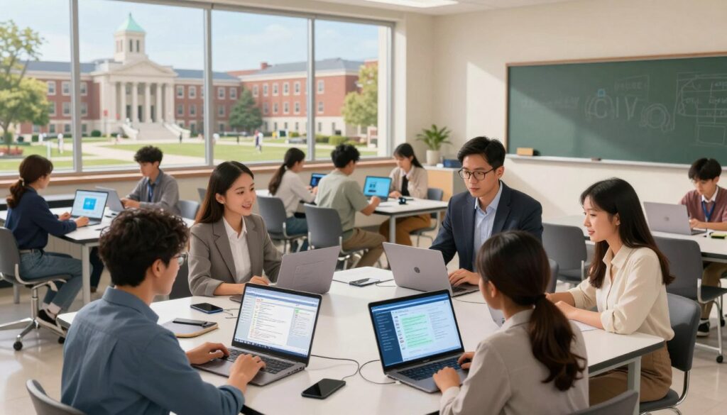 A scenic view of Iowa City, focusing on an innovative classroom environment that incorporates AI technology. In the foreground, a diverse group of educators, dressed in professional attire, actively collaborates around a high-tech table with laptops and digital devices displaying data on AI applications in education. In the middle ground, a modern classroom filled with students engaged in hands-on activities involving AI tools, emphasizing creativity and learning. The background features the iconic architecture of Iowa City's educational institutions, bathed in soft, natural daylight that enhances the optimistic atmosphere of collaboration and growth. The image should convey a sense of teamwork, innovation, and the progressive nature of education in the community, captured with a dynamic angle that showcases interaction among educators and students.