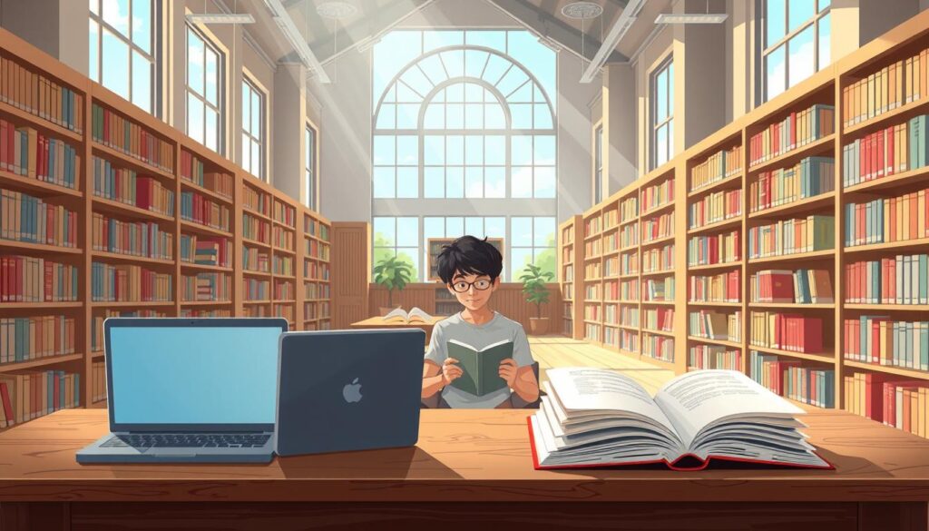 A serene library interior, sunlight streaming through large windows, illuminating rows of bookshelves. In the foreground, a wooden desk with a laptop and open books, conveying digital and analog access to knowledge. In the middle ground, a student sitting comfortably, reading from a tablet, symbolizing the convergence of traditional and modern literature. The background features a cozy reading nook, inviting further exploration and discovery. The scene radiates an atmosphere of intellectual curiosity, learning, and the timeless allure of the written word. A serene library interior, sunlight streaming through large windows, illuminating rows of bookshelves. In the foreground, a wooden desk with a laptop and open books, conveying digital and analog access to knowledge. In the middle ground, a student sitting comfortably, reading from a tablet, symbolizing the convergence of traditional and modern literature. The background features a cozy reading nook, inviting further exploration and discovery. The scene radiates an atmosphere of intellectual curiosity, learning, and the timeless allure of the written word.