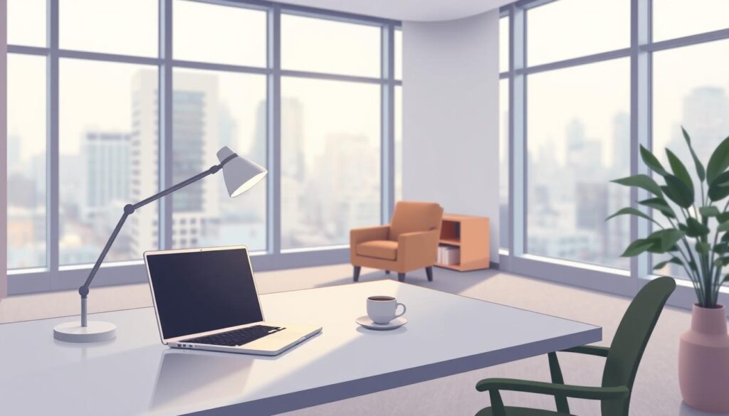 A serene office space with floor-to-ceiling windows, bathed in soft, diffused natural light. In the foreground, a sleek, minimalist desk with a laptop and a simple desk lamp. On the desk, a plant and a cup of coffee, conveying a sense of tranquility. The middle ground features a cozy armchair and a small bookshelf, suggesting a private, contemplative area. The background depicts a cityscape outside the windows, blurred and out of focus, creating a sense of seclusion and privacy. The overall atmosphere is one of calm, comfort, and digital security, reflecting the theme of "Data privacy users can trust: anonymized conversations and clear policies". A serene office space with floor-to-ceiling windows, bathed in soft, diffused natural light. In the foreground, a sleek, minimalist desk with a laptop and a simple desk lamp. On the desk, a plant and a cup of coffee, conveying a sense of tranquility. The middle ground features a cozy armchair and a small bookshelf, suggesting a private, contemplative area. The background depicts a cityscape outside the windows, blurred and out of focus, creating a sense of seclusion and privacy. The overall atmosphere is one of calm, comfort, and digital security, reflecting the theme of "Data privacy users can trust: anonymized conversations and clear policies".