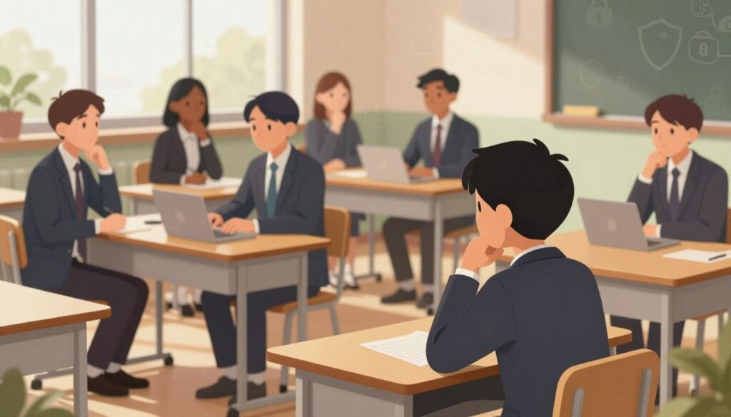 A serene school environment, emphasizing the concept of privacy. In the foreground, a subtle silhouette of a student sitting at a desk, looking thoughtful, with privacy icons like a lock or shield faintly integrated into the background. In the middle ground, a diverse group of students engaged in thoughtful discussion, all dressed in professional business attire, symbolizing the importance of ethical boundaries in education. The background features a classroom with windows, allowing soft, natural light to filter in, casting gentle shadows. The atmosphere is calm and contemplative, evoking a sense of protection and vigilance regarding personal space. Aim for a warm color palette to instill a sense of trust while balancing the theme of privacy with technology.
