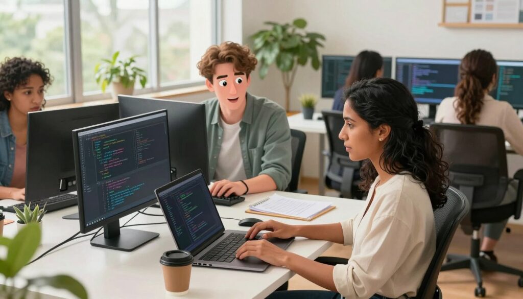 A serene workspace setting featuring a diverse group of individuals deeply focused on coding, each immersed in a state of flow. In the foreground, a middle-aged woman of South Asian descent sits comfortably at a modern desk, typing intently on her laptop, surrounded by notes and coffee. In the middle ground, a young Caucasian male and a Hispanic female collaborate over a dual-screen setup, discussing code with expressions of enthusiasm and concentration. The background showcases a bright room with greenery visible through large windows, creating a sense of tranquility. Soft, natural lighting bathes the space, enhancing a calm and productive atmosphere. The lens captures the scene from a slightly elevated angle, giving a clear view of their engaged expressions and the organized chaos of a creative space.