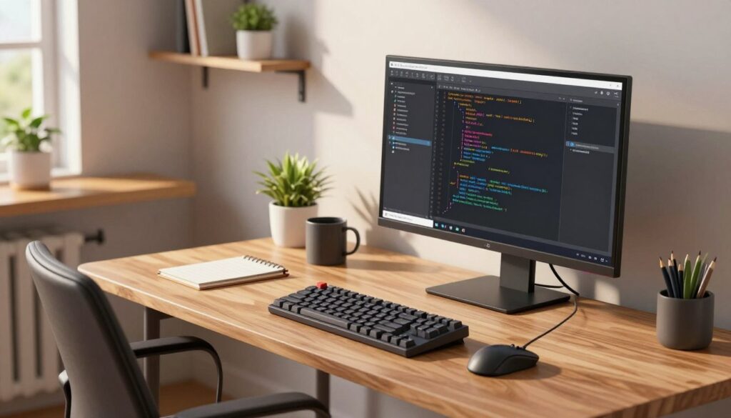 A sleek and modern home office setup featuring a high-resolution monitor displaying lines of code. In the foreground, the monitor is positioned on a minimalist, wooden desk alongside a mechanical keyboard and an ergonomic mouse. The middle ground includes a comfortable office chair with a clean, uncluttered workspace, perhaps holding a notepad and a coffee mug. The background shows a softly lit room with plants on a shelf and a well-organized bookshelf, creating a calming atmosphere. Natural light filters through a window, casting gentle shadows. The mood is focused and inspiring, designed to enhance productivity and creativity. The image is devoid of any text or watermarks.