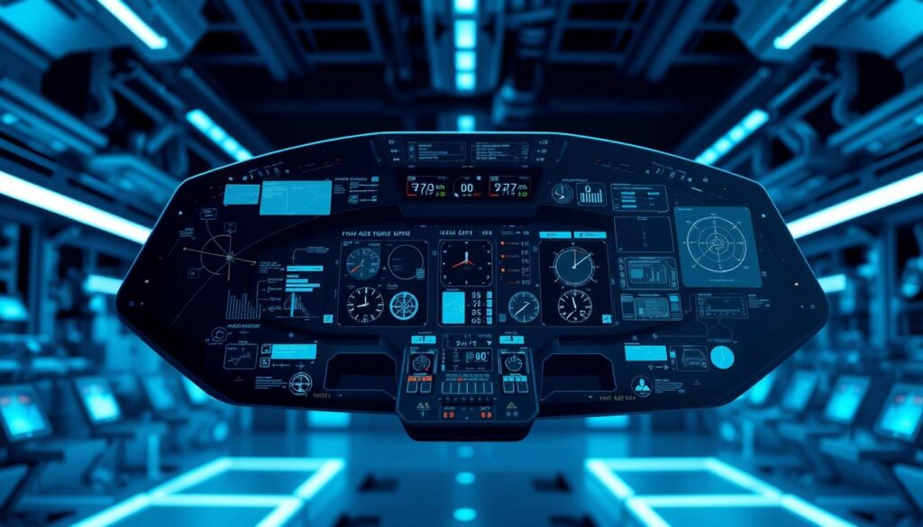 A sleek, futuristic virtual cockpit display hovers in a dimly lit, high-tech environment. The display shows a intricate network of digital flight data, with various gauges, readouts, and holographic interfaces. The scene is bathed in a cool, blue-tinted lighting, creating an atmosphere of advanced technology and precision. The camera angle captures the display at a slightly elevated, three-quarter view, emphasizing the depth and complexity of the digital avionics system. The background is blurred, with hints of machinery and computer terminals, suggesting a cutting-edge research or development facility dedicated to the cyber-protection of aircraft systems. A sleek, futuristic virtual cockpit display hovers in a dimly lit, high-tech environment. The display shows a intricate network of digital flight data, with various gauges, readouts, and holographic interfaces. The scene is bathed in a cool, blue-tinted lighting, creating an atmosphere of advanced technology and precision. The camera angle captures the display at a slightly elevated, three-quarter view, emphasizing the depth and complexity of the digital avionics system. The background is blurred, with hints of machinery and computer terminals, suggesting a cutting-edge research or development facility dedicated to the cyber-protection of aircraft systems.
