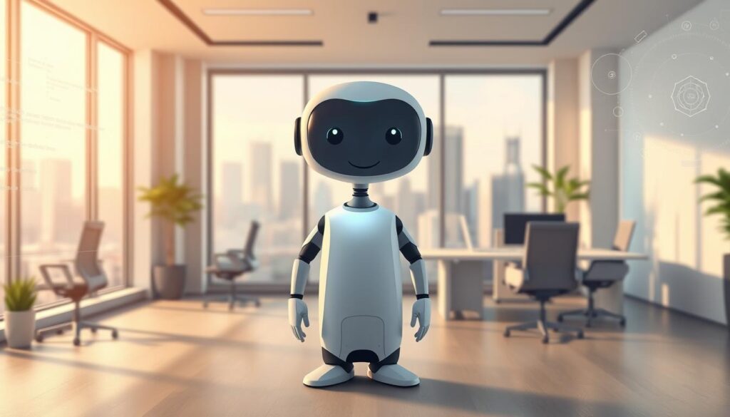 A sleek, modern AI assistant with a friendly, approachable demeanor stands in the foreground, its holographic interface emanating a soft, ambient glow. In the middle ground, a clean, minimalist office setting with ergonomic furniture and large windows overlooking a vibrant cityscape. The lighting is warm and natural, casting a subtle, productive atmosphere. The background features discreet technical details - lines of code, circuit diagrams, and abstract data visualizations - hinting at the assistant's sophisticated AI capabilities. The overall scene conveys a sense of innovation, efficiency, and the seamless integration of advanced technology into a niche business workflow.