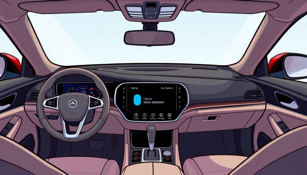 A sleek, modern in-car dashboard with a prominent voice assistant interface. The foreground features a high-resolution display showcasing the voice assistant's branding and interface, with intuitive controls and a clean, minimalist design. The middle ground depicts the dashboard's integrated hardware, including steering wheel controls, climate settings, and media playback buttons, all seamlessly blending with the voice assistant's visual style. The background showcases the interior of a luxury sedan, with premium materials, soft lighting, and a sense of refined elegance. The overall scene conveys a cohesive, premium experience where the voice assistant is seamlessly integrated into the vehicle's design and functionality.