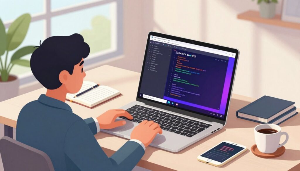 A sleek, modern workspace featuring a laptop displaying a vibrant code editor running a Tailwind CSS project with Vite. In the foreground, a focused software developer, dressed in professional business attire, is working intently, fingers poised over the keyboard. The middle layer showcases a well-organized desk with notebooks, code snippets, and a cup of coffee, enhancing the creative atmosphere. The background displays a large window with natural light streaming in, illuminating the room, and soft shadows cast by indoor plants to create a refreshing and inspiring environment. The mood is dynamic and innovative, embodying the excitement of building beautiful applications using cutting-edge technology.