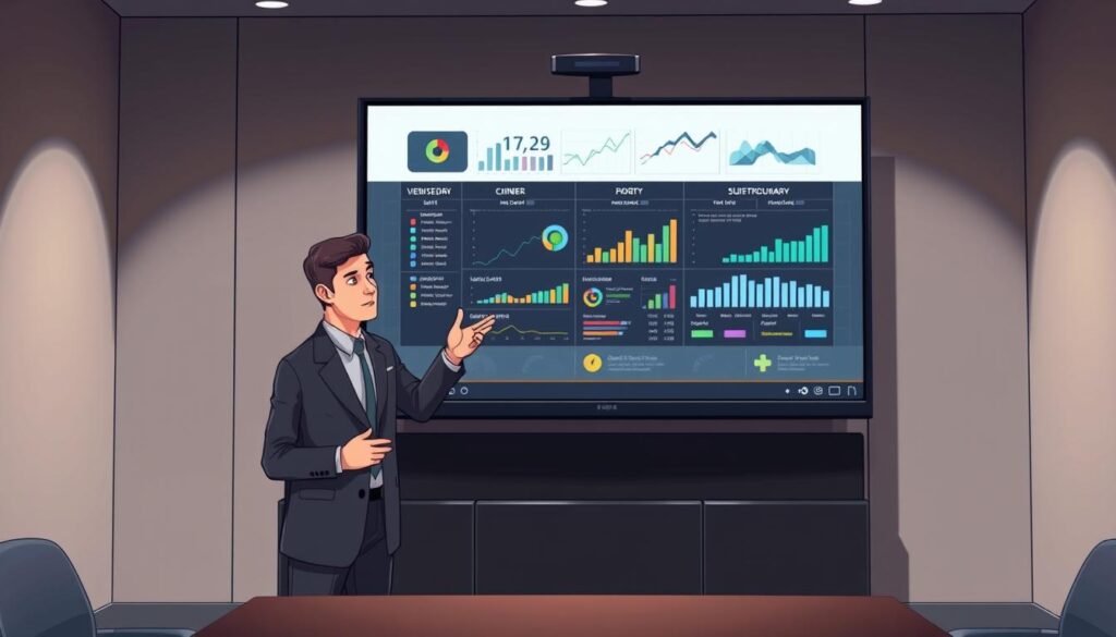 A sleek, professional video presentation setup with a large, high-definition monitor displaying a dynamic, data-rich slide deck. The presenter, dressed in a sharp, well-tailored suit, stands confidently in front of the screen, gesturing with purpose as they deliver an engaging, persuasive talk. Soft, directional lighting illuminates the scene, casting subtle shadows and highlights that create depth and dimension. The backdrop is a minimalist, neutral-toned office or conference room, allowing the presentation to take center stage. The overall mood is one of authority, sophistication, and the power of technology to elevate and enhance the art of the professional presentation.