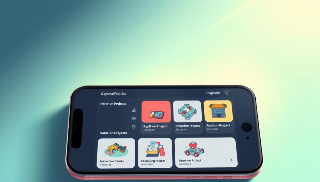A smartphone app interface with a clean, minimalist design. The foreground features a collection of interactive hands-on project modules, each represented by a captivating thumbnail image and a concise title. The middle ground showcases a smooth, intuitive navigation system, with seamless transitions between project sections. The background has a subtle gradient, radiating a sense of creativity and exploration. Soft, diffused lighting creates a warm, inviting atmosphere, encouraging users to dive into the hands-on learning experience. The overall composition evokes a balance of functionality, visual appeal, and a strong emphasis on the learning-by-doing approach. A smartphone app interface with a clean, minimalist design. The foreground features a collection of interactive hands-on project modules, each represented by a captivating thumbnail image and a concise title. The middle ground showcases a smooth, intuitive navigation system, with seamless transitions between project sections. The background has a subtle gradient, radiating a sense of creativity and exploration. Soft, diffused lighting creates a warm, inviting atmosphere, encouraging users to dive into the hands-on learning experience. The overall composition evokes a balance of functionality, visual appeal, and a strong emphasis on the learning-by-doing approach.