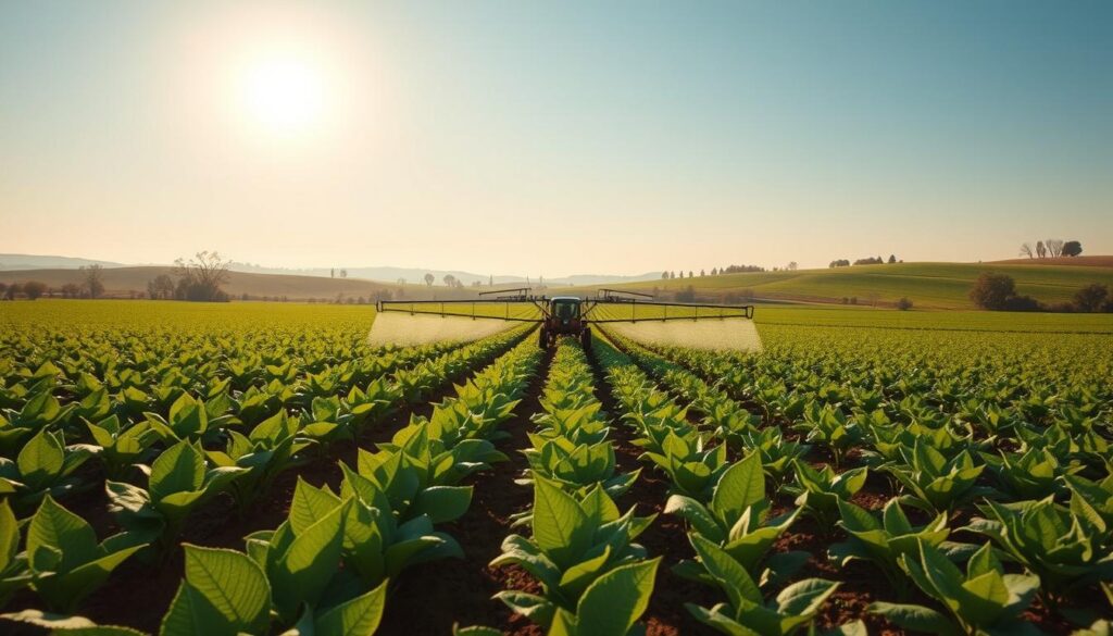 A sprawling agricultural landscape captured through the lens of a high-resolution drone camera. In the foreground, rows of thriving crops sway gently in the warm breeze, their verdant leaves casting intricate shadows across the fertile soil. In the middle ground, a state-of-the-art agricultural sprayer navigates the field, precisely targeting specific areas with a mist of targeted fertilizers and pesticides. In the distant background, rolling hills dotted with clusters of trees frame the scene, evoking a sense of harmony between nature and modern farming techniques. The image is bathed in warm, golden-hour lighting, creating a serene and productive atmosphere. A sprawling agricultural landscape captured through the lens of a high-resolution drone camera. In the foreground, rows of thriving crops sway gently in the warm breeze, their verdant leaves casting intricate shadows across the fertile soil. In the middle ground, a state-of-the-art agricultural sprayer navigates the field, precisely targeting specific areas with a mist of targeted fertilizers and pesticides. In the distant background, rolling hills dotted with clusters of trees frame the scene, evoking a sense of harmony between nature and modern farming techniques. The image is bathed in warm, golden-hour lighting, creating a serene and productive atmosphere.
