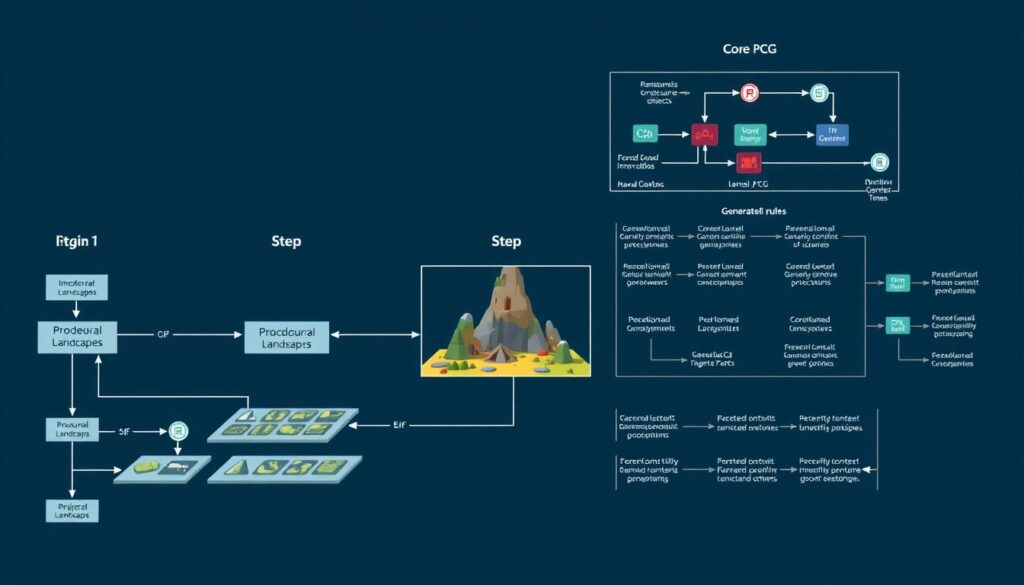 A step-by-step procedural content generation process unfolds in a crisp, technical illustration. In the foreground, a modular framework of interconnected algorithms generates procedural landscapes, structures, and objects. The middle ground features a 3D game scene with dynamic lighting, showcasing the generated content. In the background, a schematic diagram outlines the core PCG principles - randomness, data structures, and generative rules. The overall atmosphere is one of precision, complexity, and the power of computational creativity. The lighting is sharp, with highlights emphasizing the technical details, conveying a sense of systematic, methodical implementation.