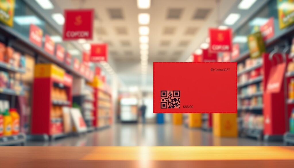 A striking digital coupon design with a clean, modern aesthetic. A vibrant red coupon in the foreground, its border and QR code rendered in crisp detail. The coupon is set against a softly blurred background of various retail products, hinting at the diverse offerings of a digital coupon deal site. Warm, even lighting illuminates the scene, creating a sense of inviting professionalism. The overall composition conveys the convenience and value of a GPT-enhanced coupon platform, ready to captivate and inform the viewer.