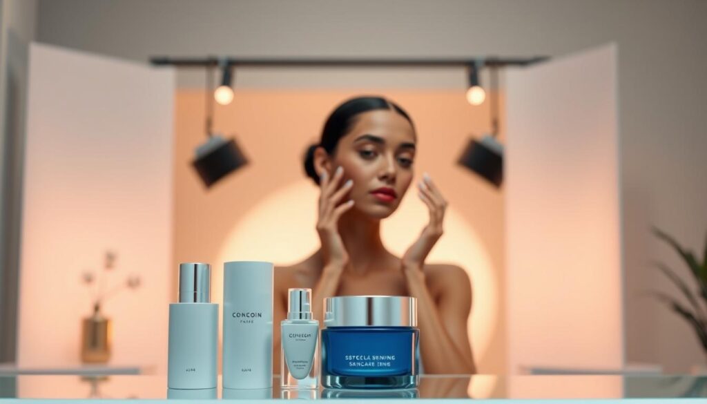 A stylish, high-quality video frame showcasing a shoppable skincare experience. In the foreground, a visually appealing product display with sleek, minimalist packaging; in the middle ground, a model applying the product with smooth, graceful motions; in the background, a soft, diffused lighting setup that creates a warm, inviting ambiance. The overall composition should have a clean, modern aesthetic with a focus on the product's desirability and the seamless integration of the video and shopping elements. Captured with a high-end cinematic camera, the image should convey a sense of luxury, sophistication, and the effortless transition from video content to immediate purchase. A stylish, high-quality video frame showcasing a shoppable skincare experience. In the foreground, a visually appealing product display with sleek, minimalist packaging; in the middle ground, a model applying the product with smooth, graceful motions; in the background, a soft, diffused lighting setup that creates a warm, inviting ambiance. The overall composition should have a clean, modern aesthetic with a focus on the product's desirability and the seamless integration of the video and shopping elements. Captured with a high-end cinematic camera, the image should convey a sense of luxury, sophistication, and the effortless transition from video content to immediate purchase.