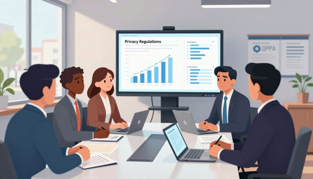 A stylized, modern office environment where privacy systems are being discussed. In the foreground, a diverse group of four professionals (two men and two women) in business attire, engaged in a serious discussion around a sleek conference table, with documents and digital devices depicting compliance frameworks like FERPA and COPPA. In the middle, a large interactive screen displays graphs and data regarding privacy regulations, creating a sense of urgency and focus. In the background, large windows show a street view, hinting at the outside world, while soft, diffused natural light floods the room, creating a calm yet serious atmosphere. The angle is slightly elevated, capturing both the discussion and the context of privacy in education.