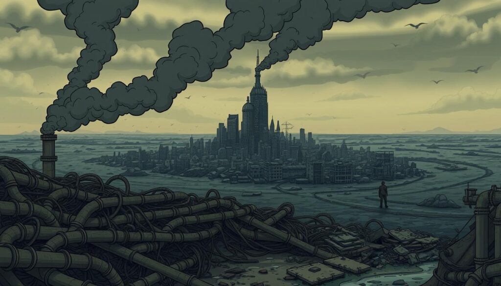 A surreal and unsettling landscape, depicting the environmental impact of human activity. In the foreground, a tangled mass of industrial pipes and machinery spewing thick, acrid smoke into a darkened sky. Towering in the middle ground, a crumbling, half-submerged cityscape, its buildings and infrastructure being reclaimed by a rising, polluted sea. In the distant background, a lone, desolate figure stands amidst the devastation, a stark reminder of the consequences of unchecked progress. The scene is bathed in a sickly, sallow light, creating a sense of unease and hopelessness. Gritty, realistic textures and a cinematic, wide-angle lens emphasize the scale and gravity of the environmental crisis.