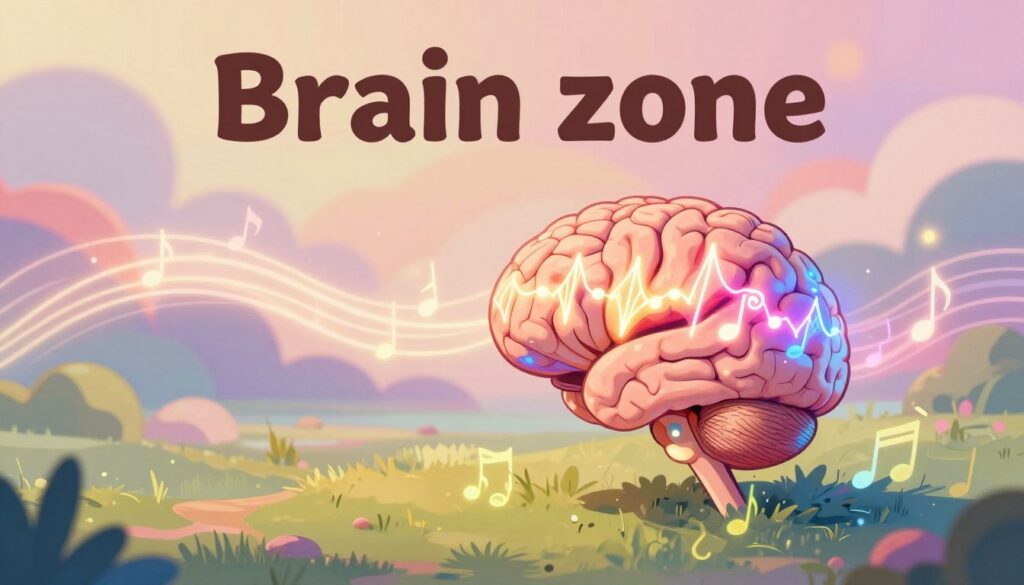 A surreal depiction of a "brain zone" where creativity and focus converge, showcasing a human brain illuminated with vibrant, pulsating colors that reflect musical beats. In the foreground, a brain sits nestled in a tranquil environment, surrounded by ethereal sound waves and visual representations of music notes reaching outwards. The middle ground features soft, flowing light trails that suggest movement, symbolizing cognitive flow and concentration. The background is a dreamy, abstract landscape of pastel hues blending into one another, evoking an atmosphere of calmness and inspiration. The lighting is soft and warm, enhancing the mood of deep work and creativity. The scene is viewed from a slightly elevated angle, adding depth to the composition while inviting the viewer into this immersive experience.