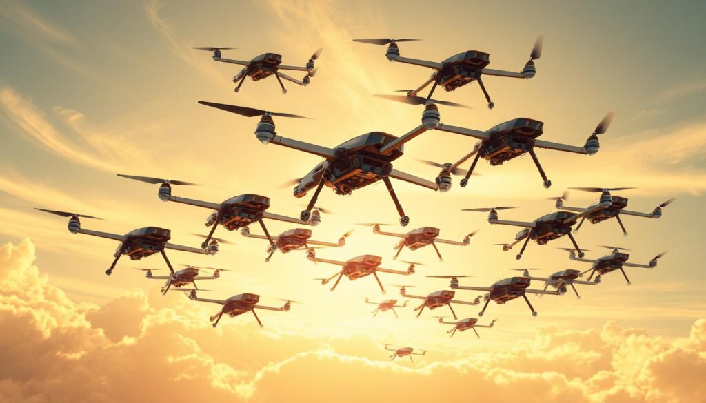 A swarm of autonomous drones, each a sleek, agile machine with intricate mechanisms, hover in perfect synchronization against a vast, expansive sky. Their movements are fluid, adaptable, and responsive, showcasing the power of scalable, robust, and resilient coordination. The drones' advanced sensor suites scan the environment, sharing data and dynamically adjusting their formation to maintain optimal coverage and resilience. Warm, golden sunlight filters through wispy clouds, casting a gentle glow on the intricately detailed drones, highlighting their elegant design and engineering. The scene conveys a sense of order, efficiency, and the seamless integration of advanced technology working in harmony to achieve a common goal. A swarm of autonomous drones, each a sleek, agile machine with intricate mechanisms, hover in perfect synchronization against a vast, expansive sky. Their movements are fluid, adaptable, and responsive, showcasing the power of scalable, robust, and resilient coordination. The drones' advanced sensor suites scan the environment, sharing data and dynamically adjusting their formation to maintain optimal coverage and resilience. Warm, golden sunlight filters through wispy clouds, casting a gentle glow on the intricately detailed drones, highlighting their elegant design and engineering. The scene conveys a sense of order, efficiency, and the seamless integration of advanced technology working in harmony to achieve a common goal.