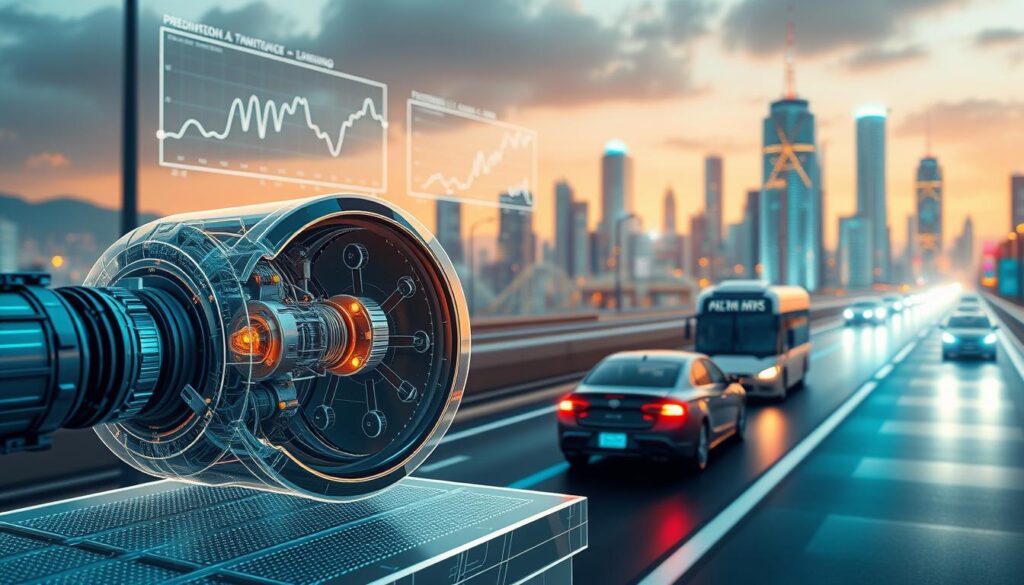 A technologically advanced 3D scene depicting various modeling approaches for predictive maintenance. In the foreground, a detailed digital twin model of a vehicle component, with intricate internal structures and sensors highlighted. In the middle ground, statistical plots and machine learning algorithms visualized as elegant data visualizations. In the background, a futuristic cityscape with connected vehicles and IoT infrastructure, bathed in a warm, vibrant lighting. The overall scene conveys a sense of sophisticated data-driven decision-making, cutting-edge predictive maintenance strategies, and the seamless integration of AI into the transportation ecosystem.