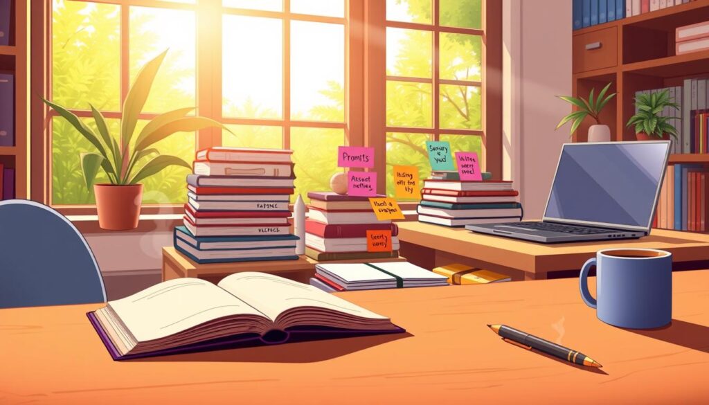 A tranquil office scene, with a wooden desk in the foreground featuring an open journal, a calligraphy pen, and a mug of steaming coffee. In the middle ground, a stack of notebooks and a laptop, surrounded by artfully arranged prompts and affirmations on colorful post-it notes. The background is a warm, sun-dappled window, offering a glimpse of a lush, verdant garden outside. The overall mood is one of focused creativity, inspiration, and a sense of mindful productivity. A tranquil office scene, with a wooden desk in the foreground featuring an open journal, a calligraphy pen, and a mug of steaming coffee. In the middle ground, a stack of notebooks and a laptop, surrounded by artfully arranged prompts and affirmations on colorful post-it notes. The background is a warm, sun-dappled window, offering a glimpse of a lush, verdant garden outside. The overall mood is one of focused creativity, inspiration, and a sense of mindful productivity.
