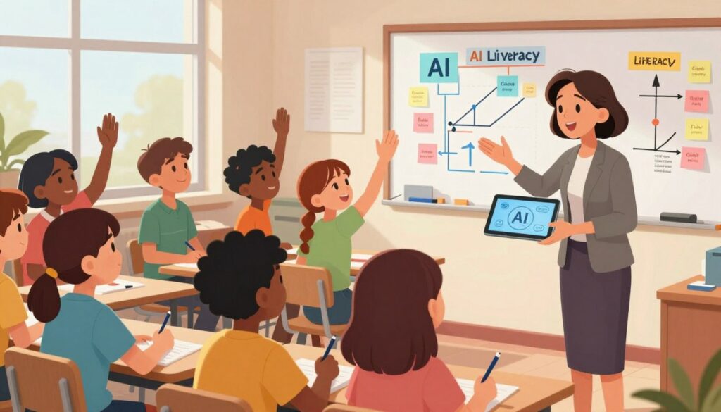 A vibrant and engaging classroom scene depicting diverse teachers and students collaboratively discussing the integration of AI literacy. In the foreground, a middle-aged female teacher, dressed in professional attire, gestures passionately while holding a tablet displaying AI concepts. In the middle ground, a group of students of various ethnicities, both boys and girls, are actively participating, some raising their hands, others taking notes. The background features a large whiteboard filled with colorful diagrams and post-it notes highlighting AI topics. Soft natural lighting streams through large windows, creating a warm, inviting atmosphere. The angle is slightly above the students, capturing their enthusiasm and focus on the teacher. Overall, the image conveys a sense of innovation, collaboration, and the future of education.
