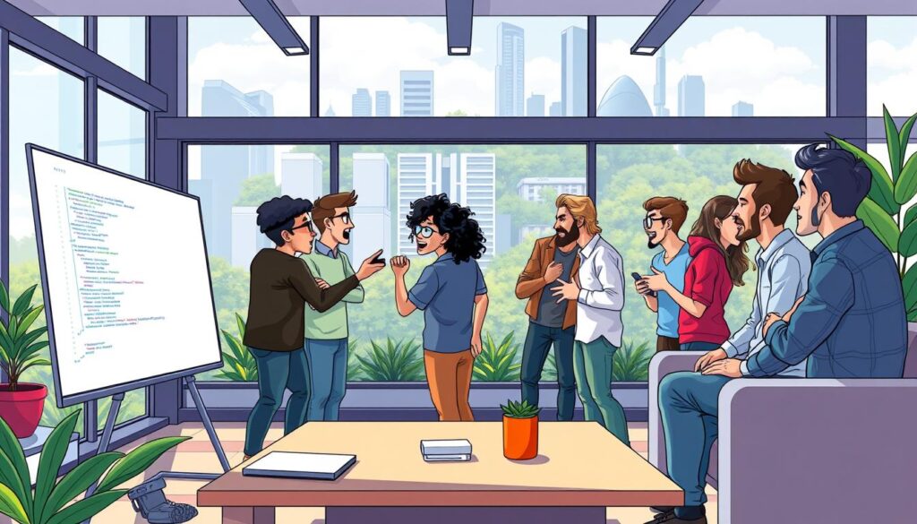 A vibrant and engaging scene of a startup team collaborating on a vibe coding project. The foreground depicts a group of diverse developers animatedly discussing code on a large interactive whiteboard, their expressions conveying energy and creativity. The middle ground showcases a sleek, modern office space with minimalist furniture and natural lighting streaming through floor-to-ceiling windows. In the background, a skyline of futuristic skyscrapers and lush greenery sets the scene, evoking a sense of progress and innovation. The overall atmosphere is one of productivity, camaraderie, and a shared passion for technology, capturing the benefits and early wins of startups embracing vibe coding. A vibrant and engaging scene of a startup team collaborating on a vibe coding project. The foreground depicts a group of diverse developers animatedly discussing code on a large interactive whiteboard, their expressions conveying energy and creativity. The middle ground showcases a sleek, modern office space with minimalist furniture and natural lighting streaming through floor-to-ceiling windows. In the background, a skyline of futuristic skyscrapers and lush greenery sets the scene, evoking a sense of progress and innovation. The overall atmosphere is one of productivity, camaraderie, and a shared passion for technology, capturing the benefits and early wins of startups embracing vibe coding.