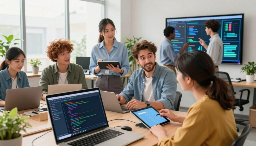 A vibrant and modern office workspace filled with creative energy, showcasing a collaborative team of diverse developers engaged in deep discussions. In the foreground, a laptop screen displays code and version control interfaces, illustrating speed and control in software development. In the middle, developers—two men and a woman—are brainstorming over digital tablets, all dressed in professional attire, while another developer is visualizing data on a large digital display. The background features a bright, well-lit room with large windows that allow natural light to flood in, complemented by potted plants for a refreshing atmosphere. The overall mood is focused and innovative, emphasizing productivity and teamwork, shot from a slightly elevated angle for a comprehensive view. A vibrant and modern office workspace filled with creative energy, showcasing a collaborative team of diverse developers engaged in deep discussions. In the foreground, a laptop screen displays code and version control interfaces, illustrating speed and control in software development. In the middle, developers—two men and a woman—are brainstorming over digital tablets, all dressed in professional attire, while another developer is visualizing data on a large digital display. The background features a bright, well-lit room with large windows that allow natural light to flood in, complemented by potted plants for a refreshing atmosphere. The overall mood is focused and innovative, emphasizing productivity and teamwork, shot from a slightly elevated angle for a comprehensive view.