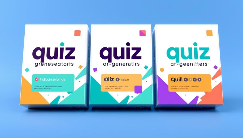 A vibrant and visually engaging quiz packaging design with a modern, eye-catching aesthetic. The packaging features a sleek, minimalist layout with a clean white background, allowing the quiz content to take center stage. Prominent use of geometric shapes, such as squares and triangles, creates a visually dynamic and stimulating composition. The typography is clean, bold, and legible, with a focus on the key words "quiz", "generators", and "lead gen". Subtle pops of vibrant, saturated colors like teal, orange, and purple add visual interest and convey a sense of playfulness and interactivity. The overall design exudes a professional, high-quality feel that would appeal to both businesses and individual users seeking AI-powered quiz solutions. A vibrant and visually engaging quiz packaging design with a modern, eye-catching aesthetic. The packaging features a sleek, minimalist layout with a clean white background, allowing the quiz content to take center stage. Prominent use of geometric shapes, such as squares and triangles, creates a visually dynamic and stimulating composition. The typography is clean, bold, and legible, with a focus on the key words "quiz", "generators", and "lead gen". Subtle pops of vibrant, saturated colors like teal, orange, and purple add visual interest and convey a sense of playfulness and interactivity. The overall design exudes a professional, high-quality feel that would appeal to both businesses and individual users seeking AI-powered quiz solutions.