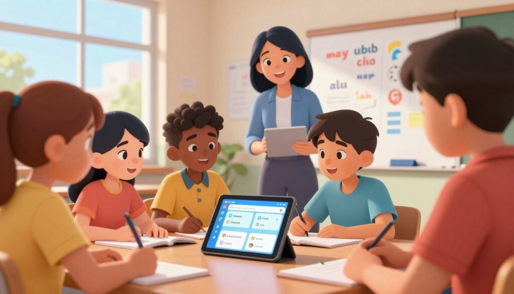 A vibrant classroom scene depicting Spanish-speaking students engaged in collaborative learning with the aid of AI technologies. In the foreground, a diverse group of students of different ethnicities, wearing smart casual clothing, gather around a modern tablet displaying an AI language learning app. They express curiosity and enthusiasm, interacting with each other and the technology. In the middle ground, a teacher, also in professional attire, facilitates the session with a warm smile, using a whiteboard filled with colorful language learning visuals. In the background, large windows allow natural light to flood the room, creating an uplifting atmosphere. The overall mood is one of innovation and support, emphasizing the benefits of AI in enhancing language acquisition. Use a soft focus lens to create an inviting and inspiring ambiance. A vibrant classroom scene depicting Spanish-speaking students engaged in collaborative learning with the aid of AI technologies. In the foreground, a diverse group of students of different ethnicities, wearing smart casual clothing, gather around a modern tablet displaying an AI language learning app. They express curiosity and enthusiasm, interacting with each other and the technology. In the middle ground, a teacher, also in professional attire, facilitates the session with a warm smile, using a whiteboard filled with colorful language learning visuals. In the background, large windows allow natural light to flood the room, creating an uplifting atmosphere. The overall mood is one of innovation and support, emphasizing the benefits of AI in enhancing language acquisition. Use a soft focus lens to create an inviting and inspiring ambiance.