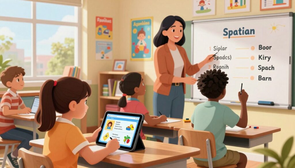 A vibrant classroom scene focused on bilingual learning tools, featuring a diverse group of students engaged in AI-assisted language learning activities. In the foreground, a curious Hispanic girl uses an interactive tablet displaying bilingual educational software, while a focused African-American boy works with a smart whiteboard, highlighting vocabulary in both Spanish and English. The middle ground includes a supportive teacher, wearing smart casual attire, guiding students with a friendly smile. In the background, colorful posters of Spanish words and images adorn the walls, alongside bookshelves filled with bilingual learning materials. The room is filled with warm, natural lighting streaming through large windows, creating an inviting and stimulating atmosphere, promoting collaboration and engagement in learning. The scene captures a sense of enthusiasm and empowerment in bilingual education.