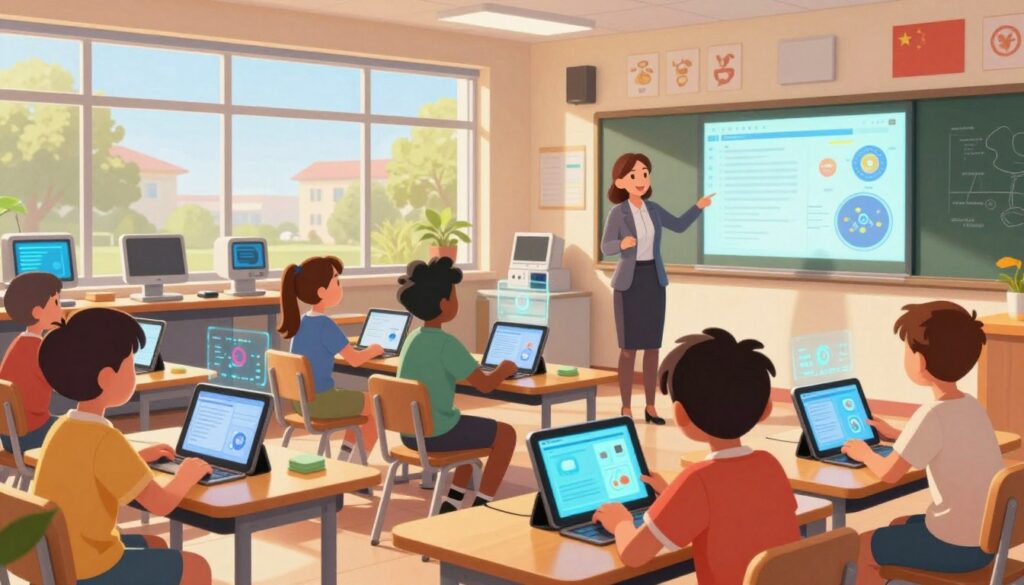 A vibrant classroom scene showcasing the transformative power of AI in education. In the foreground, a diverse group of students, dressed in smart casual attire, eagerly engages with interactive digital tablets and holographic displays projecting educational content. In the middle ground, a teacher, donned in professional business attire, facilitates a hands-on learning experience, guiding students through complex concepts with enthusiasm. The background features large windows revealing a sunny day outside, casting warm, natural light into the room, highlighting modern educational tools and AI-driven technology integrated into the classroom. The atmosphere is lively and collaborative, filled with a sense of discovery and excitement, accentuating the positive learning impact of technology on students' engagement and performance. The scene is captured with a wide-angle lens to encapsulate the entire vibrant setting. A vibrant classroom scene showcasing the transformative power of AI in education. In the foreground, a diverse group of students, dressed in smart casual attire, eagerly engages with interactive digital tablets and holographic displays projecting educational content. In the middle ground, a teacher, donned in professional business attire, facilitates a hands-on learning experience, guiding students through complex concepts with enthusiasm. The background features large windows revealing a sunny day outside, casting warm, natural light into the room, highlighting modern educational tools and AI-driven technology integrated into the classroom. The atmosphere is lively and collaborative, filled with a sense of discovery and excitement, accentuating the positive learning impact of technology on students' engagement and performance. The scene is captured with a wide-angle lens to encapsulate the entire vibrant setting.