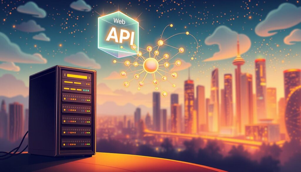 A vibrant, data-driven API integration landscape. In the foreground, a database server hums with activity, its sleek chassis encasing a powerful data processing core. Hovering above it, a web API glows with a holographic interface, seamlessly connecting disparate systems. In the middle ground, a cluster of interconnected nodes depicts the intricate web of data flows, each stream pulsing with insights. The background showcases a dynamic cityscape, skyscrapers reaching towards a sky alive with digital constellations, reflecting the ever-evolving nature of modern data integration. Warm lighting casts a sense of productivity and innovation, while a subtle depth-of-field blur emphasizes the focal points, drawing the viewer's attention to the core components of this data-driven ecosystem. A vibrant, data-driven API integration landscape. In the foreground, a database server hums with activity, its sleek chassis encasing a powerful data processing core. Hovering above it, a web API glows with a holographic interface, seamlessly connecting disparate systems. In the middle ground, a cluster of interconnected nodes depicts the intricate web of data flows, each stream pulsing with insights. The background showcases a dynamic cityscape, skyscrapers reaching towards a sky alive with digital constellations, reflecting the ever-evolving nature of modern data integration. Warm lighting casts a sense of productivity and innovation, while a subtle depth-of-field blur emphasizes the focal points, drawing the viewer's attention to the core components of this data-driven ecosystem.