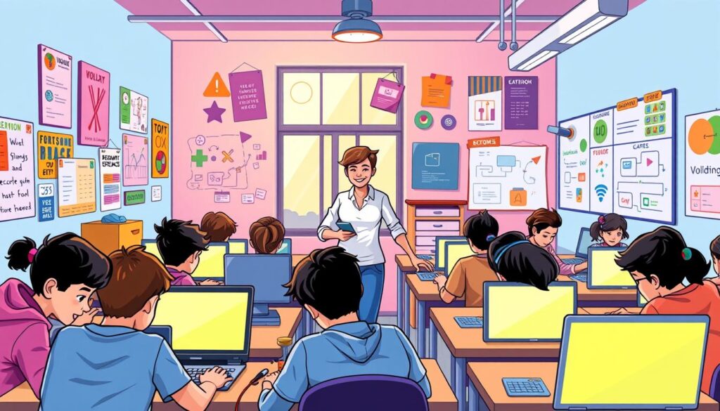 A vibrant, dynamic classroom buzzing with creative energy. In the foreground, a group of students huddled around laptops, their faces lit by the glow of screens as they code with focused intensity. In the middle ground, the teacher moves between desks, offering guidance and encouragement, a warm smile on their face. The background is a colorful explosion of inspirational posters, whiteboards filled with algorithms, and a large window that bathes the room in soft, natural light. The atmosphere is one of collaboration, curiosity, and a palpable sense of excitement as the next generation of coders and creators bring their ideas to life.